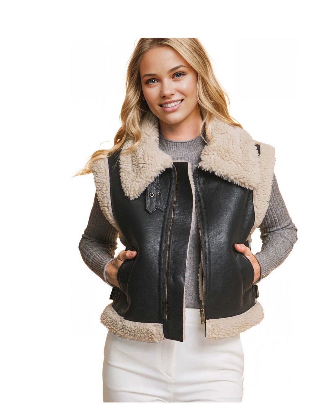 Love Tree NWT Black Faux Leather Aviator Vest with Cream Sherpa Trim
